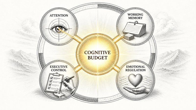 Diagram showing attention, working memory, executive control, and emotional regulation as parts of a limited cognitive budget.