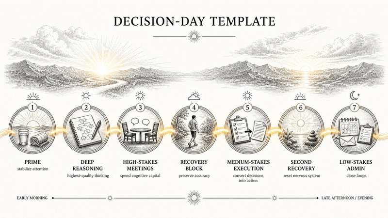 Decision-day template for cognitive load budgeting across deep reasoning, high-stakes meetings, recovery blocks, execution, and low-stakes admin.