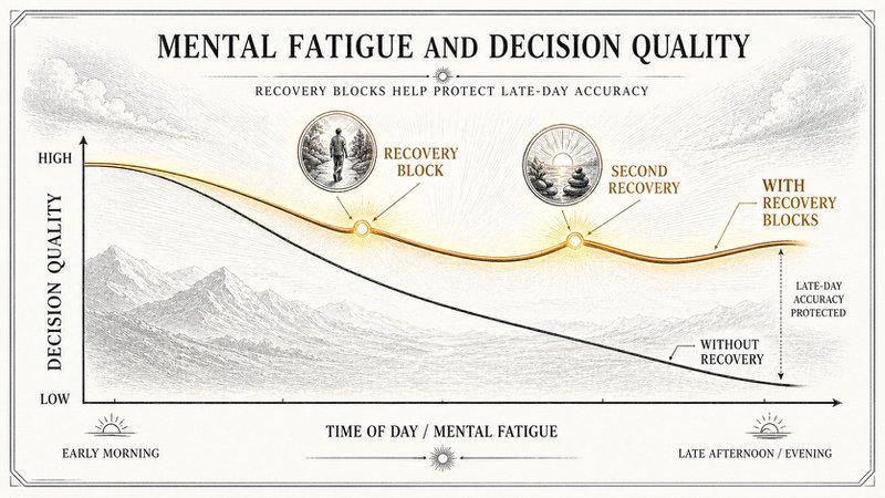 Line diagram showing decision quality declining as mental fatigue rises, with recovery blocks protecting late-day accuracy.
