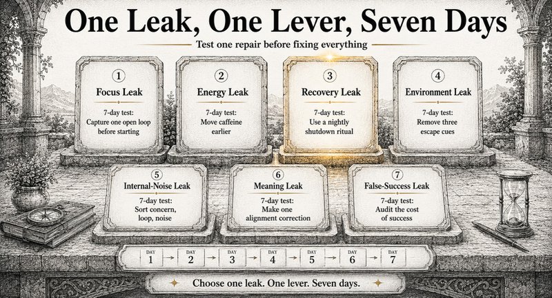 The 7 Leaks High Performers Misdiagnose | Andreas Tsiartas Seven-day repair matrix matching common system leaks with one practical correction.