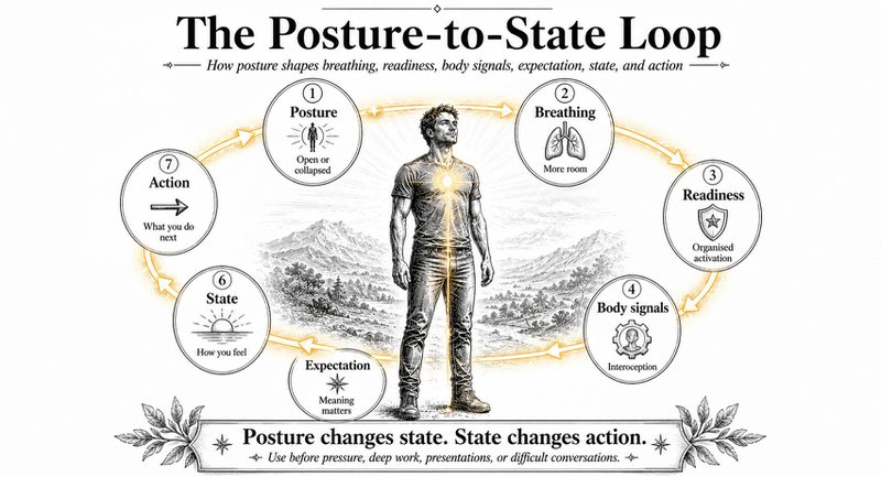 Do Power Poses Work? What Posture Really Changes | Andreas Tsiartas Diagram showing posture influencing breathing, readiness, interoception, expectation, state and action.