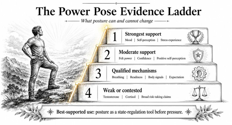 Do Power Poses Work? What Posture Really Changes | Andreas Tsiartas Evidence ladder showing stronger support for mood and self-perception, moderate support for felt power, qualified mechanisms, and contested hormone claims.