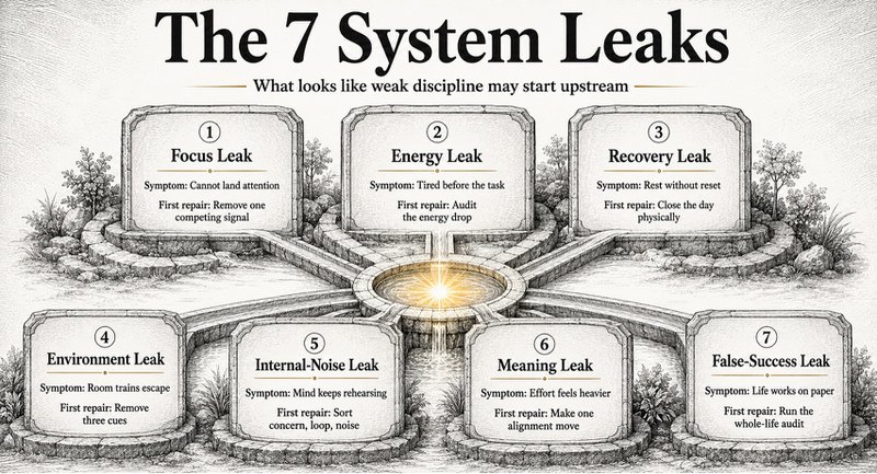 The 7 Leaks High Performers Misdiagnose | Andreas Tsiartas Diagnostic map showing seven system leaks that can appear as lack of discipline.