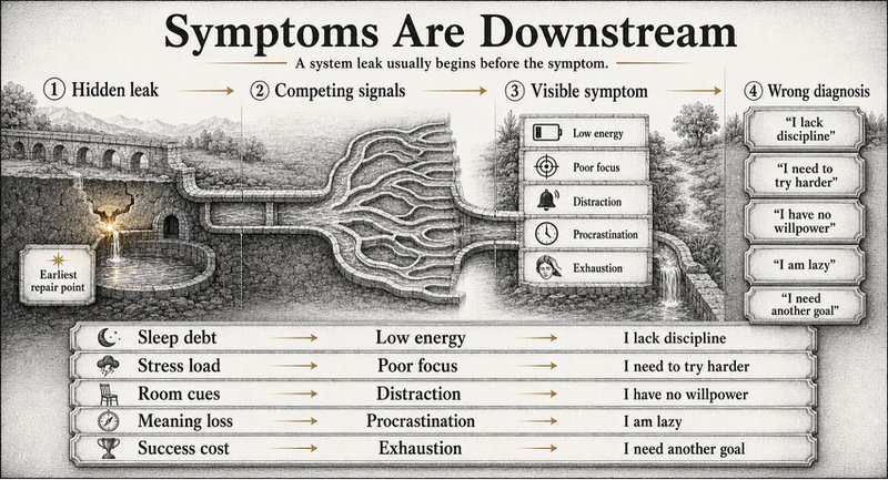 The 7 Leaks High Performers Misdiagnose | Andreas Tsiartas Flow diagram showing hidden leaks turning into visible focus, energy and discipline symptoms.
